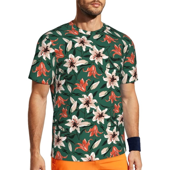 Wukai Lilies Flowers Print Men's Short-Sleeved Mesh T-Shirt,Quick-Dry Short Sleeve Workout T-Shirt-Large