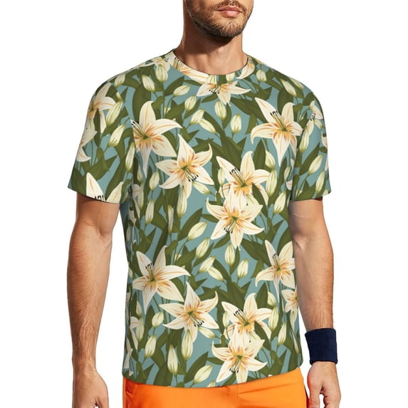 Wukai Lilies Flowers Print Men's Short-Sleeved Mesh T-Shirt,Quick-Dry Short Sleeve Workout T-Shirt-Medium