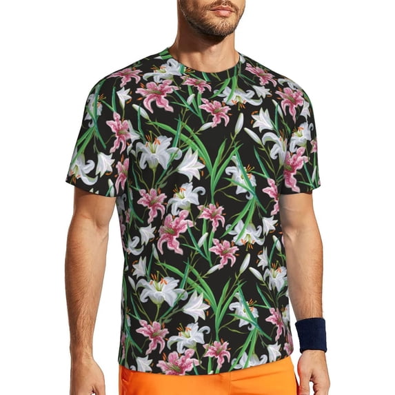 Wukai Lilies Flowers Print Men's Short-Sleeved Mesh T-Shirt,Quick-Dry Short Sleeve Workout T-Shirt-