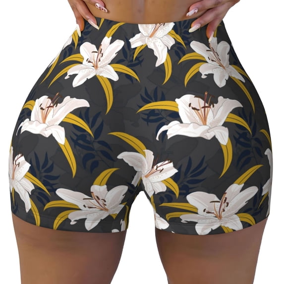 Wukai Lilies Flowers Print Pack Biker Shorts for Women Yoga Workout Gym Running Scrunch Active Shorts-X-Large