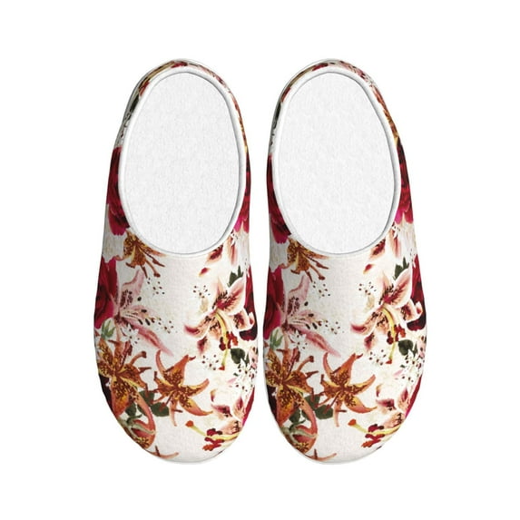 Wukai Lilies Flowers Print Women's Indoor Bedroom Slipper Slip On Shoes, Unisex House Shoes with Anti-Skid Sole for Men, Gift for Women Men-8