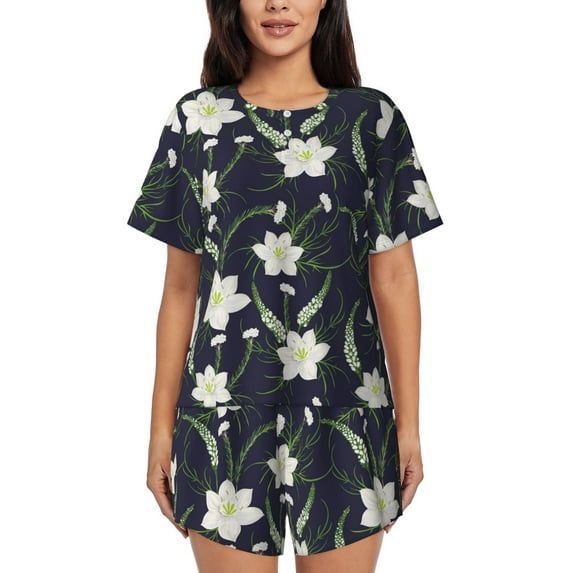 Wukai Lilies Flowers Women's Pajama Set,Short-Sleeve Top and Shorts with Elastic Waistband and Pockets for Loungewear, Yoga, and Casual Wear-X-Large