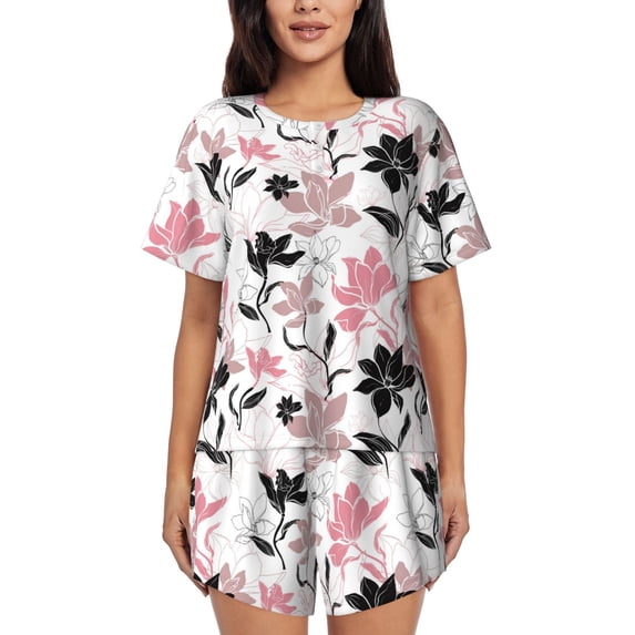 Wukai Lilies Flowers Women's Pajama Set,Short-Sleeve Top and Shorts with Elastic Waistband and Pockets for Loungewear, Yoga, and Casual Wear-XX-Large
