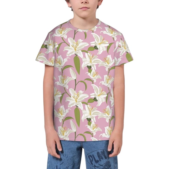 Wukai Lilies Flowers Youth Unisex Short Sleeve T-Shirt for Boys, Girls, Teens, and Kids-Small