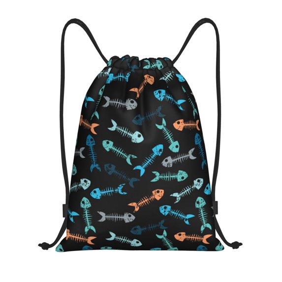 Wukai Little Fish Skeleton Drawstring Backpack Bag Sport Gym Sackpack Large Size String Backpack Cinch for Women Men-Small
