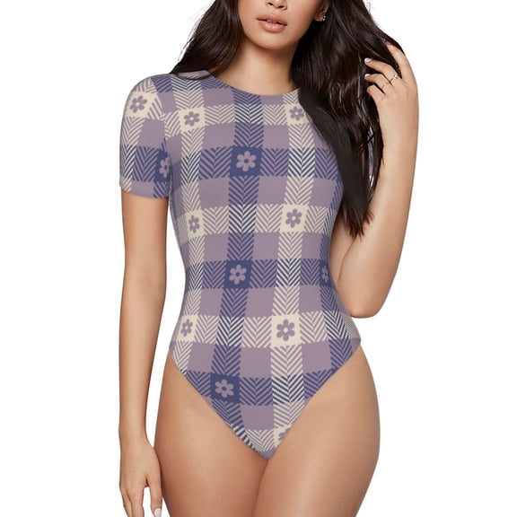 Naloa Purple Floral Gingham Check Plaid Women's Short-Sleeved Onesie, One-Piece Swimsuit for Parties, dates, clubs - X-Large