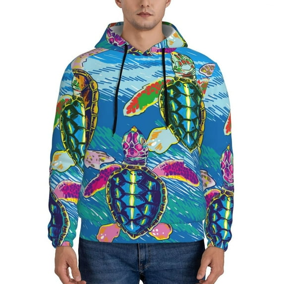 Wukai Little Sea Turtles Print Men Hoodies Fleece Sweatshirts Long Sleeve Sweaters Pullover Fall Outfits Winter Clothes-X-Large