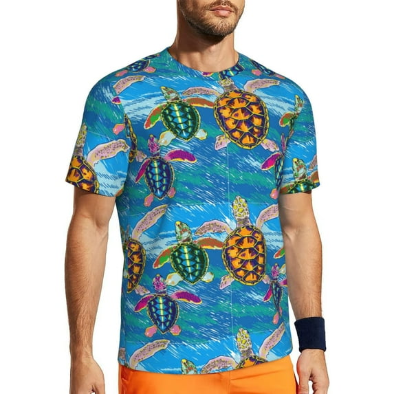 Wukai Little Sea Turtles Print Men's Short-Sleeved Mesh T-Shirt,Quick-Dry Short Sleeve Workout T-Shirt-X-Large