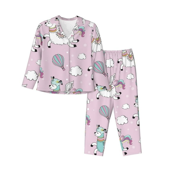 Wukai Llama Unicorn and Rainbow Print Women's Pajama Set - Soft Long Sleeve Sleepwear for Comfort and Style-X-Large