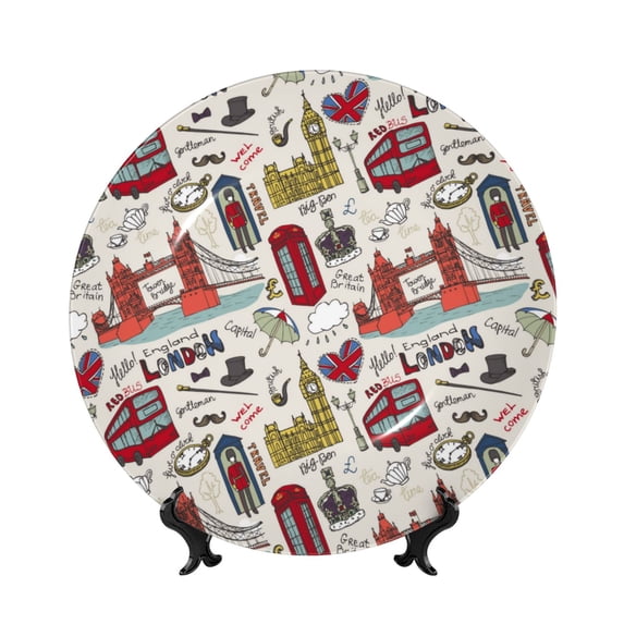 Wukai London Landmark1 Print Decorative Plate for Display,Bone China Decorative Plate, Ceramic Dinner Plate with Stand, Vertical Ceramic Plate-10in