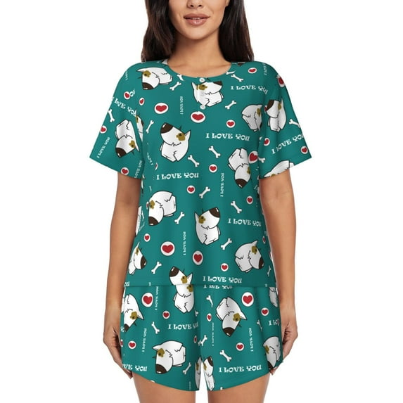 Wukai Love Dog Women's Pajama Set,Short-Sleeve Top and Shorts with Elastic Waistband and Pockets for Loungewear, Yoga, and Casual Wear-