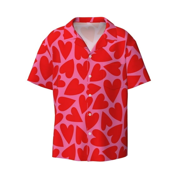 Wukai Love Heart Men's Casual Short-Sleeve Button Down Shirt - Lightweight Summer Dress Shirt for Daily Wear-3X-Large