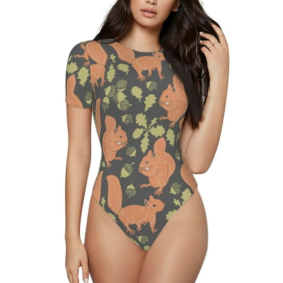Naloa Squirrel And Nuts Women's Short-Sleeved Onesie, One-Piece Swimsuit for Parties, dates, clubs - X-Large