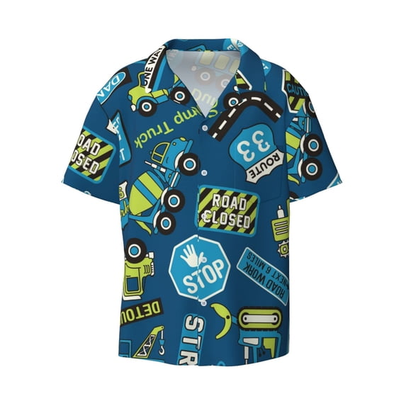 Wukai Machinery Road Construction Men's Casual Short-Sleeve Button Down Shirt - Lightweight Summer Dress Shirt for Daily Wear-X-Large