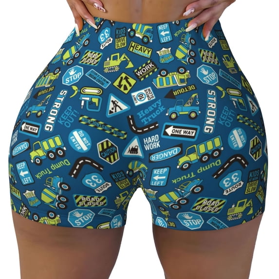Wukai Machinery Road Construction Print Pack Biker Shorts for Women Yoga Workout Gym Running Scrunch Active Shorts-XX-Large