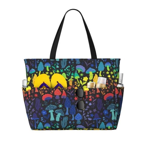 Wukai Magical Mushrooms and Flowers Print Zipper Bag,large Beach Tote Bag,Waterproof Sandproof Bag,Grocery and Picnic Tote Travel Bag