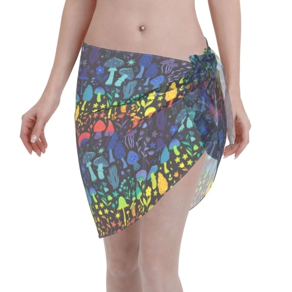 Wukai Magical Mushrooms and Flowers Women’s Short Sarongs Beach Wrap Bikini Bottom Short Skirt Chiffon Scarf for Swimwear