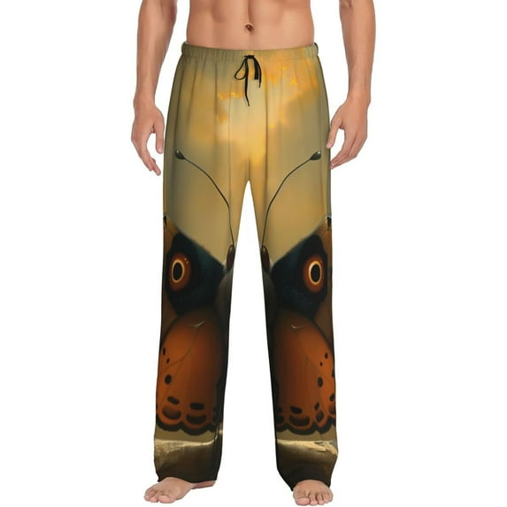 Wukai Majestic Butterfly Sunset Mens PJ Pajama Pants|Sleepwear Plaid PJs with Pockets|Men's Lightweight Open-Hem Lounge Pants-XX-Large