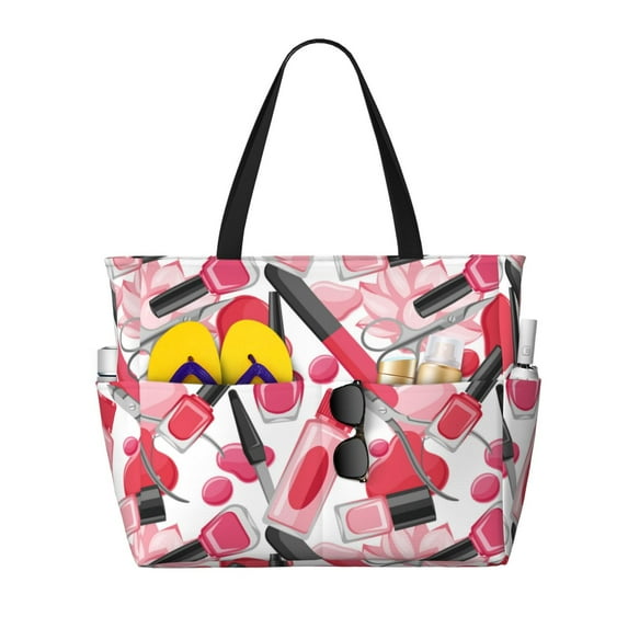 Wukai Makeup Print Zipper Bag,large Beach Tote Bag,Waterproof Sandproof Bag,Grocery and Picnic Tote Travel Bag