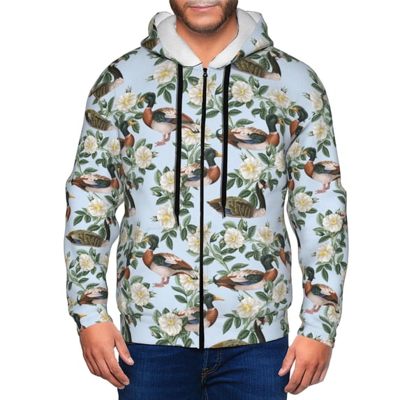 Wukai Mallard Ducks And Roses Print Men's Zip-Up Hoodie,Fleece Full-Zip Hoodie for Men, Hooded Sweatshirt-Small