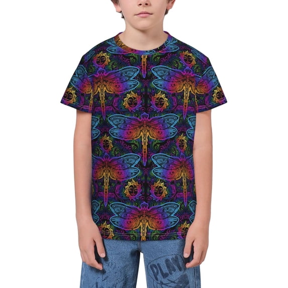 Wukai Mandalas Dragonfly Youth Unisex Short Sleeve T-Shirt for Boys, Girls, Teens, and Kids-Small