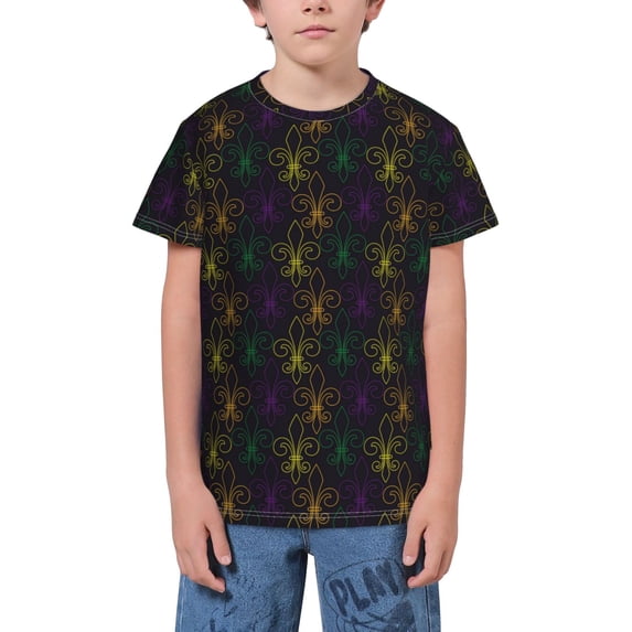 Wukai Mardi Gras Carnival Youth Unisex Short Sleeve T-Shirt for Boys, Girls, Teens, and Kids-Medium