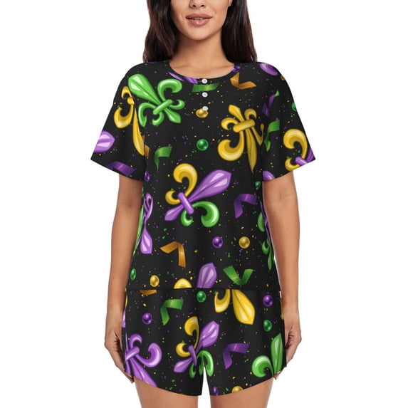 "Wukai Mardi Gras Carnival4 Women's Pajama Set - Short-Sleeve Top and Shorts with Elastic Waistband and Pockets for Loungewear, Yoga, and Casual Wear-Medium