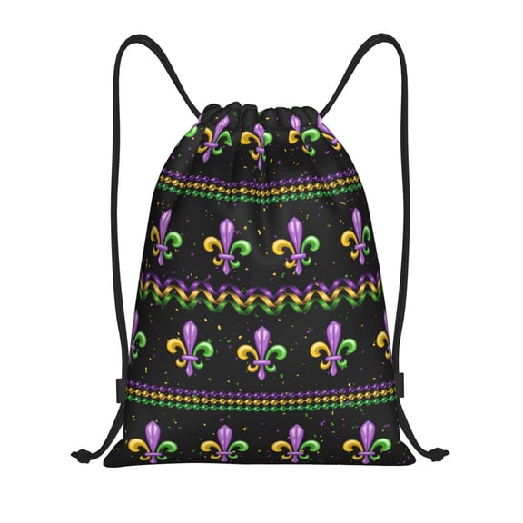 Wukai Mardi Gras Fleur de Lis Drawstring Backpack Bag Sport Gym Sackpack Large Size String Backpack Cinch for Women Men-Small