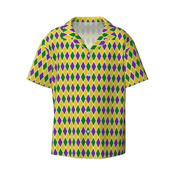 Wukai Mardi Gras Purple Yellow Plaid Men's Casual Short-Sleeve Button Down Shirt - Lightweight Summer Dress Shirt for Daily Wear-4X-Large