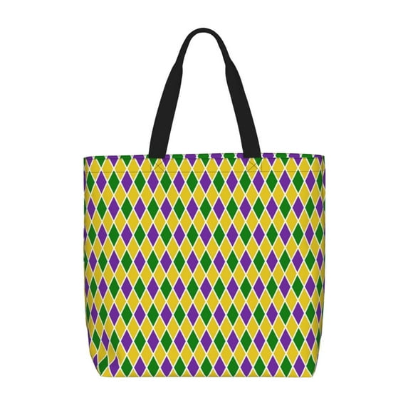 Wukai Mardi Gras Purple Yellow Plaid Print Reusable Grocery Bag Shopping Bags with Zipper Shoulder Shopping Handle Bag Suitable for Outdoor Convenient Daily Bag