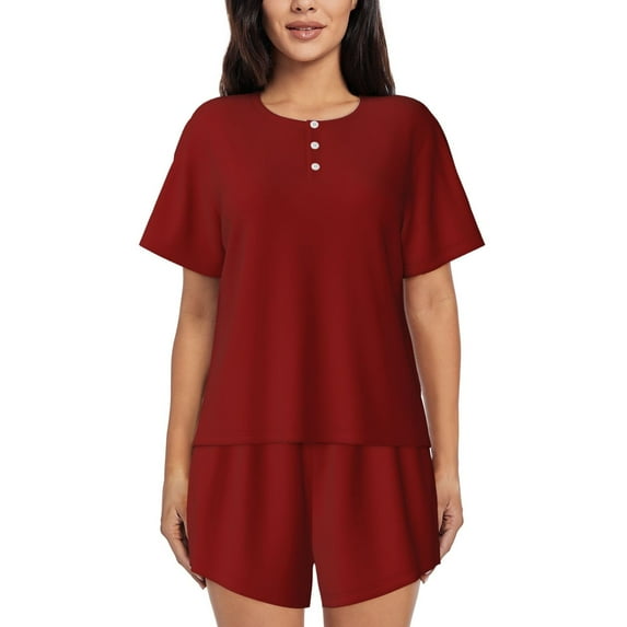 Wukai Maroon Women's Pajama Set,Short-Sleeve Top and Shorts with Elastic Waistband and Pockets for Loungewear, Yoga, and Casual Wear-Small