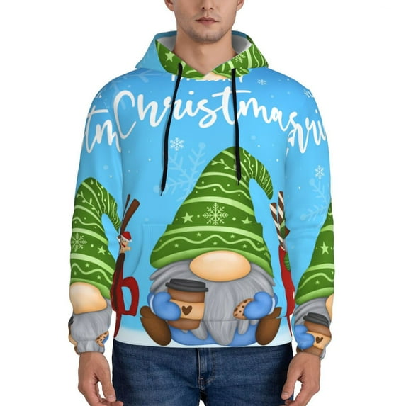 Wukai Merry Christmas Gnome Print Men Hoodies Fleece Sweatshirts Long Sleeve Sweaters Pullover Fall Outfits Winter Clothes-Small