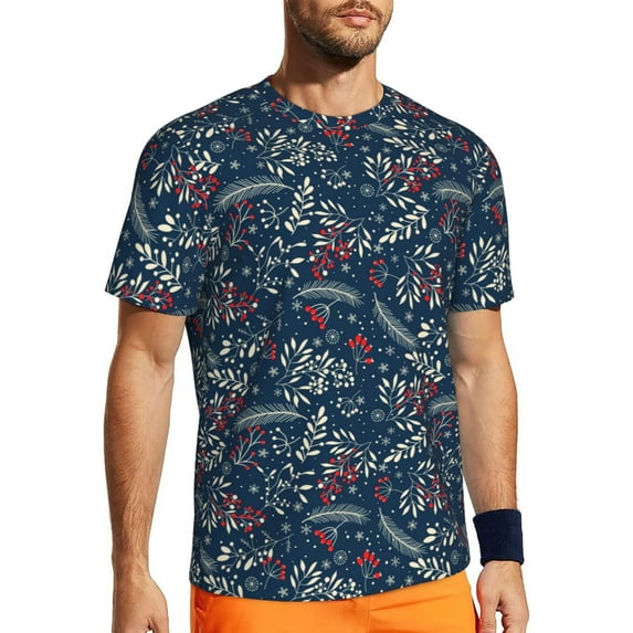 Wukai Merry Christmas Winter Leaves Snowflakes Print Men's Short-Sleeved Mesh T-Shirt,Quick-Dry Short Sleeve Workout T-Shirt-3X-Large