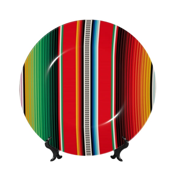 Wukai Mexican Serape Blanket Stripes Print Decorative Plate for Display,Bone China Decorative Plate, Ceramic Dinner Plate with Stand, Vertical Ceramic Plate-10in