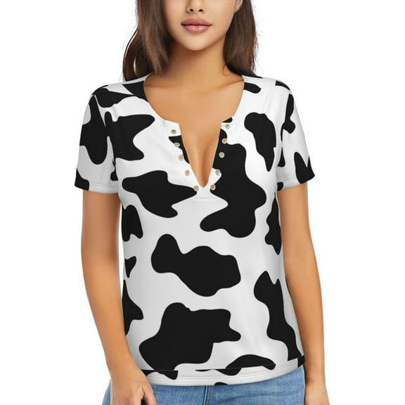 Wukai Milk Cow Casual V-Neck Graphic Tees for Women: Lightweight and Breathable Summer Tops with Stylish Design-X-Large