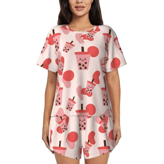 Wukai Milk Tea Women's Pajama Set,Short-Sleeve Top and Shorts with Elastic Waistband and Pockets for Loungewear, Yoga, and Casual Wear-Large