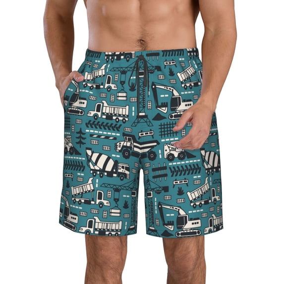 Wukai Modern Excavator Print Beach Trunks with Compression Liner Swimsuit Quick Dry Beach Sports Shorts with Pocket-Medium