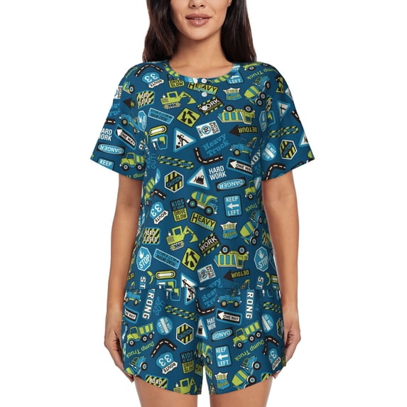 "Wukai Modern Excavator Women's Pajama Set - Short-Sleeve Top and Shorts with Elastic Waistband and Pockets for Loungewear, Yoga, and Casual Wear-Small