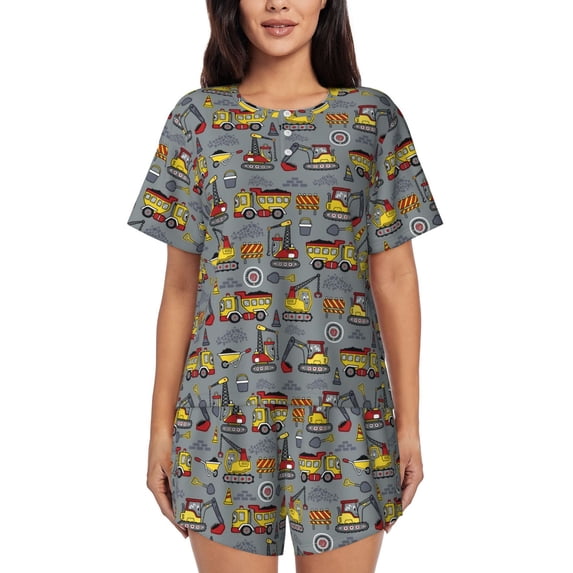 Wukai Modern Excavator Women's Pajama Set,Short-Sleeve Top and Shorts with Elastic Waistband and Pockets for Loungewear, Yoga, and Casual Wear-Large