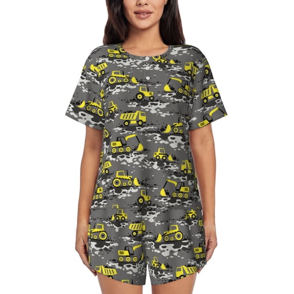 Wukai Modern Yellow Excavator Print Women's Pajama Set - Short-Sleeve Top and Shorts with Elastic Waistband and Pockets for Loungewear, Yoga, and Casual Wear-X-Large
