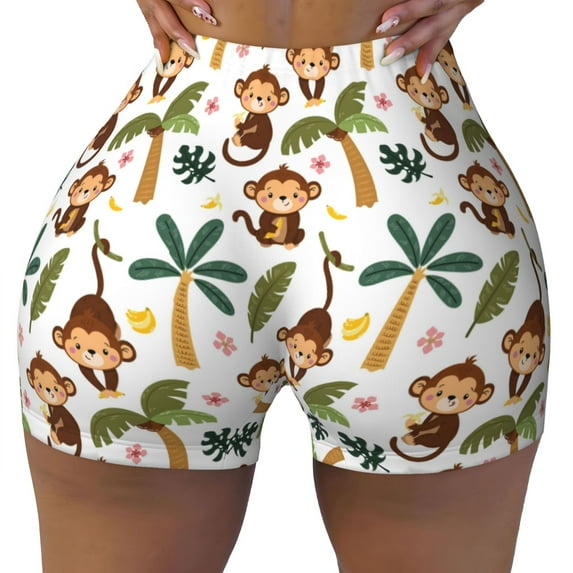 Wukai Monkeys Swinging from Palms Print Pack Biker Shorts for Women Yoga Workout Gym Running Scrunch Active Shorts-XX-Large