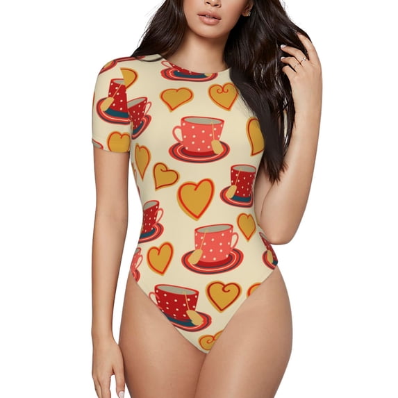 Naloa Cups of Tea Women's Short-Sleeved Onesie, One-Piece Swimsuit for Parties, dates, clubs - X-Large