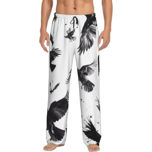 Wukai Monochrome Flying Ravens Mens PJ Pajama Pants|Sleepwear Plaid PJs with Pockets|Men's Lightweight Open-Hem Lounge Pants-Medium