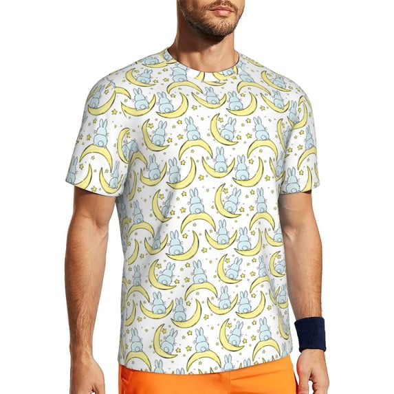 Wukai Moon And Rabbit Print Men's Short-Sleeved Mesh T-Shirt,Quick-Dry Short Sleeve Workout T-Shirt-Large