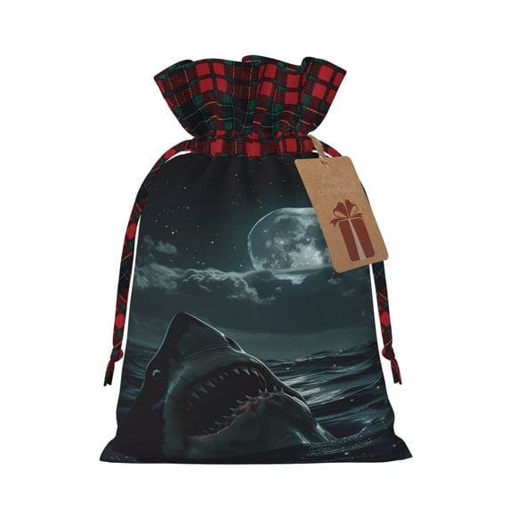 Wukai Moonlit Night Sky Shark Print Christmas Burlap Bags,Drawstring Christmas Burlap Goody Gift Candy Bags Xmas Burlap Treat Bags for Candy Wrapper Xmas Party Favors-Black
