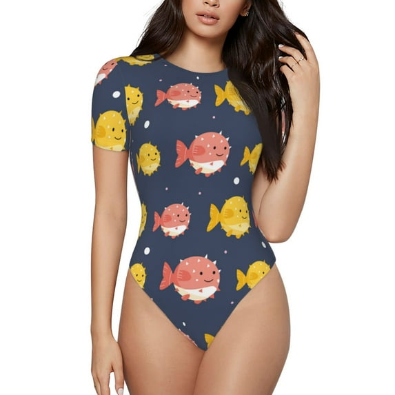 Naloa Cute Puffer Fish Women's Short-Sleeved Onesie, One-Piece Swimsuit for Parties, dates, clubs - Large