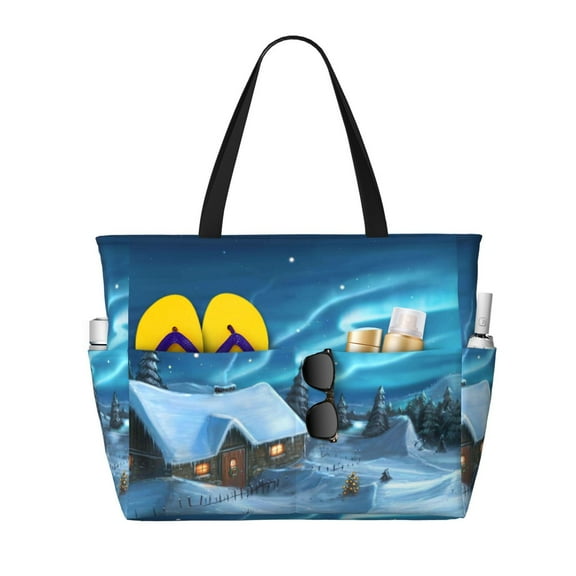 Wukai Mountain Cottage In Snow Print Zipper Bag,large Beach Tote Bag,Waterproof Sandproof Bag,Grocery and Picnic Tote Travel Bag