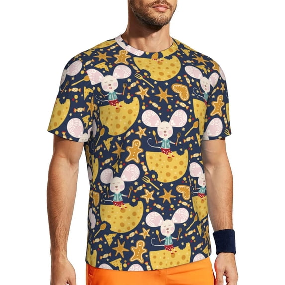 Wukai Mouse Cheese Print Men's Short-Sleeved Mesh T-Shirt,Quick-Dry Short Sleeve Workout T-Shirt-5X-Large