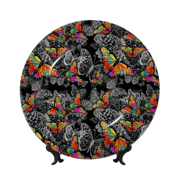 Wukai Multicolored Butterflies C Print Decorative Plate for Display,Bone China Decorative Plate, Ceramic Dinner Plate with Stand, Vertical Ceramic Plate-10in