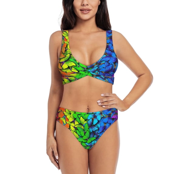 Wukai Multicolored Butterflies Women's Bikini Set Two Piece,wimsuit High Waisted V Neck Twist Front Adjustable Spaghetti Straps Bathing Suit-XX-Large
